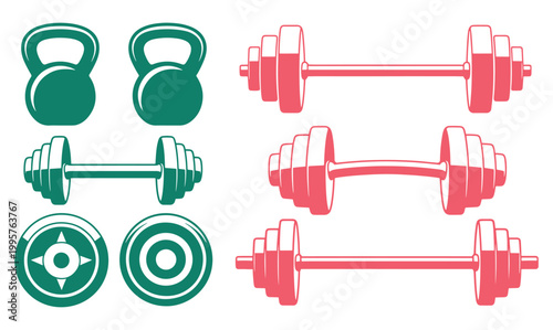 Colorful gym weights and kettlebells set