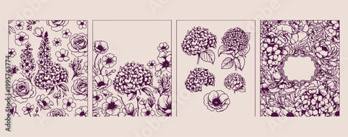 Hydrangea flowers and spring floral bouquet, blooming garden and botanical illustration, wedding invitation and greeting card doodle, romantic nature and petal collection, hand drawn floristry vector 