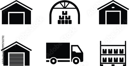 Collection of warehouse icons including buildings truck storage shelves and boxes for logistics and storage concepts