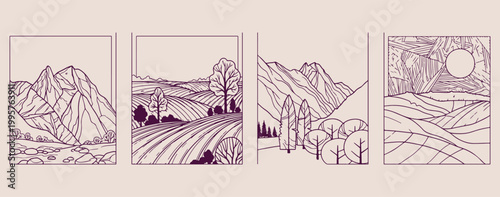 Mountain landscape and rural farm fields, scenic nature and countryside illustration, outdoor adventure and hiking doodles, peaceful valley and forest collection, agriculture land and barn vector, tra