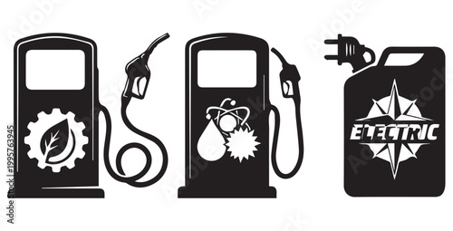 Sustainable energy fuel pump icons, black and white eco-friendly gas station vectors, electric vehicle charging and renewable power symbols