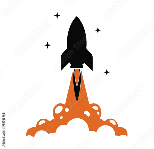 Minimalist rocket launch vector icon, black spaceship silhouette with orange fire blast, startup business growth concept and space exploration symbol