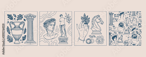 Classical greek sculpture and artistic hands, renaissance marble statue vector art, museum fine art and history set, botanical leaves and creative sketches, ancient mythology and culture doodles, arti