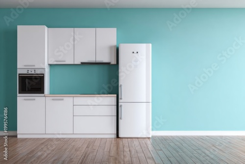 Modern white kitchen cabinets and refrigerator against a turquoise wall.