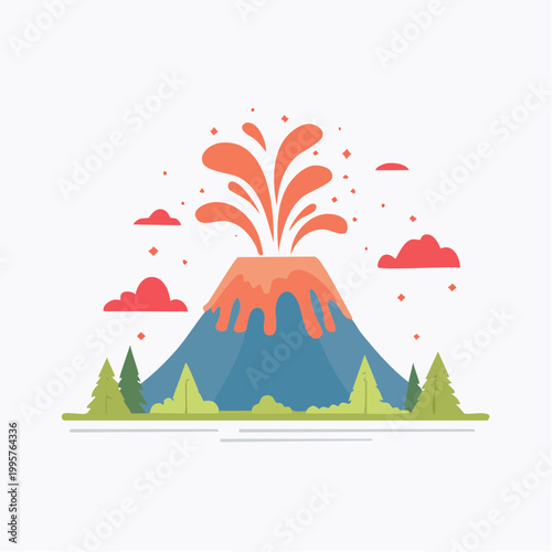 Flat Illustration of an Erupting Volcano