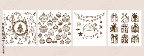 Christmas ornaments and winter cocoa mug, festive holiday baubles vector illustration, cozy winter season doodle collection, xmas tree decorations and garlands, hot chocolate and marshmallow art, merr