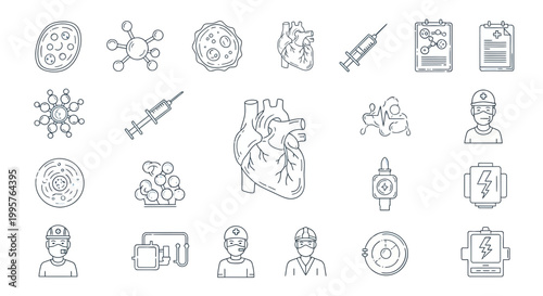 Medical icons set diverse representations of healthcare viruses and treatment procedures
