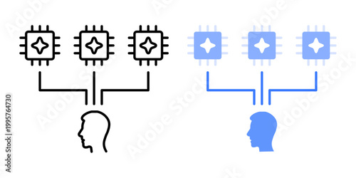 Centralized human authority symbol. Multiple AI nodes converging into single human node. Human control over multiple AI systems concept. Simple geometric illustration.