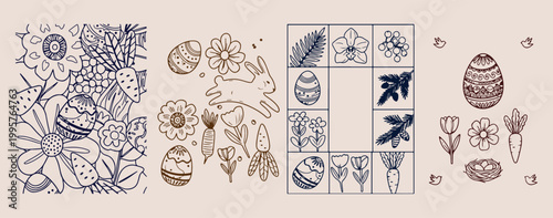 Easter bunny and garden line art, Hand drawn spring holiday illustration, Minimalist Easter egg vector design, Aesthetic bunny rabbit sketch set, Creative spring nature doodle graphics, Professional h