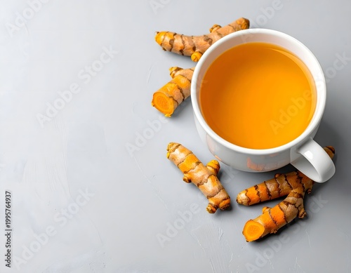 Turmeric herbal tea in white cup with fresh roots, minimalist wellness still life, warm conceptual mood,copy space,  AI generated digital art