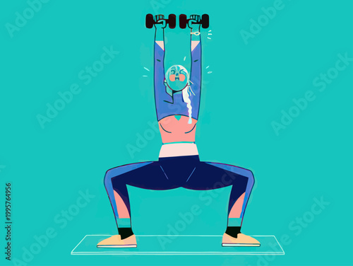 Stylized illustration of a woman performing a dumbbell overhead squat workout