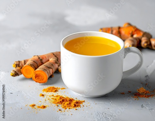 Golden Turmeric Tea Infusion with Cut Roots and Powder Textured Surface AI Generated Digital Art
