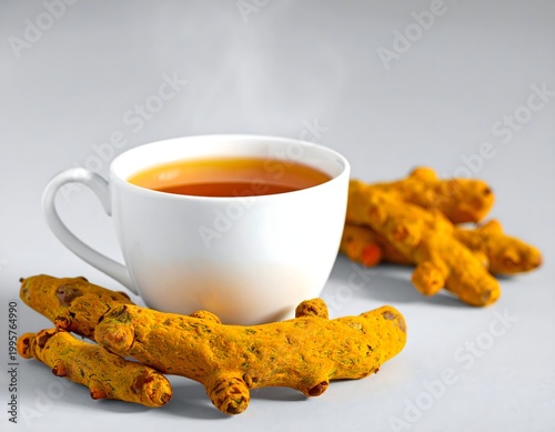 Minimalist Turmeric Tea Infusion with Fresh Roots Conceptual Digital Art AI Generated