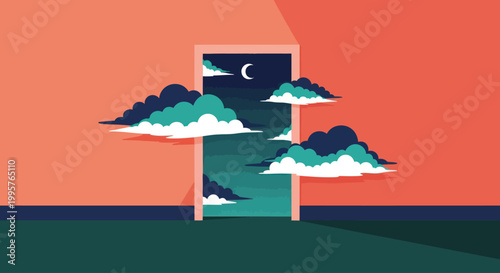 Surreal illustration of a doorway leading to a night sky with moon and clouds