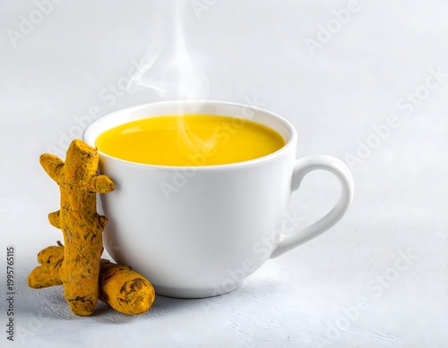  Turmeric tea in white cup with fresh roots, minimalist wellness still life, clean modern mood, copy space, AI generated digital art