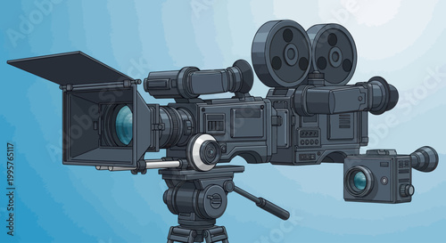 Illustration of professional cinema cameras on a tripod for film production