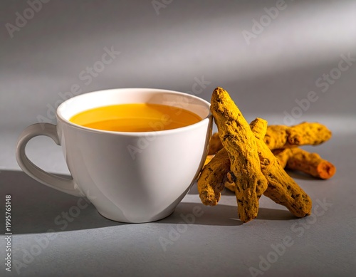  Turmeric tea in white cup with fresh roots, minimalist wellness still life, clean modern mood, AI generated digital art