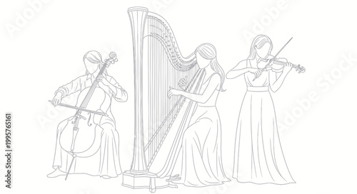Minimalist line art illustration of a female classical music ensemble playing cello harp violin