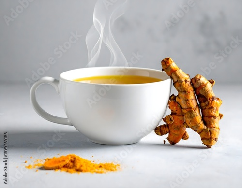 urmeric tea in white cup with fresh roots and spice powder, minimalist wellness still life, warm conceptual mood, AI generated digital art
