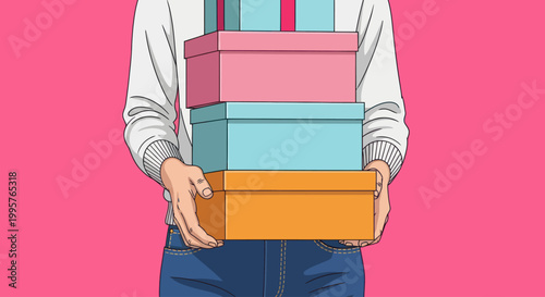 Person holding a stack of colorful gift boxes