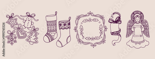 Christmas stocking holiday line art, Hand drawn cozy winter illustration, Minimalist Xmas mantle vector design, Aesthetic holiday decor sketch graphics, Creative winter season doodle elements, Profess