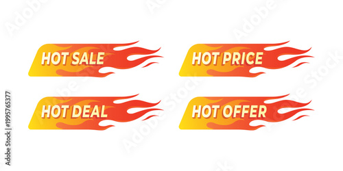 vector illustration of  flame style promotional badges labeled Hot Sale, Hot Deal, Hot Price and Hot Offer, ideal for retail, ecommerce, discount signage, advertising and seasonal promotions