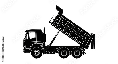Black and white illustration of a tipper truck dumping its load