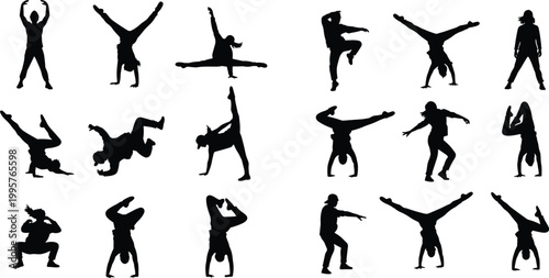 Dynamic collection of breakdance silhouettes featuring hip hop dancers, b-boys performing handstands, acrobatic flips, urban street dance poses, and athletic gymnastics maneuvers.