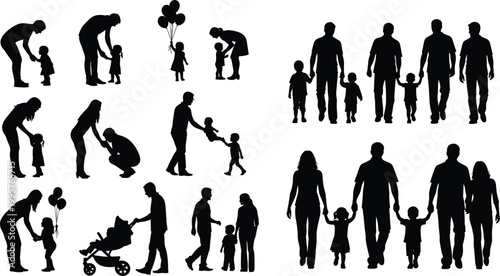 Large collection of family silhouettes featuring parents walking with children, holding balloons, pushing strollers, and enjoying outdoor bonding moments together.