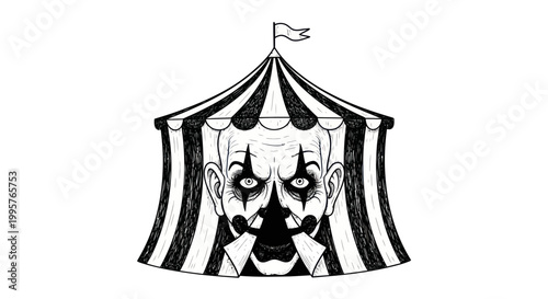 Creepy Clown Face Emerging from Black and White Circus Tent