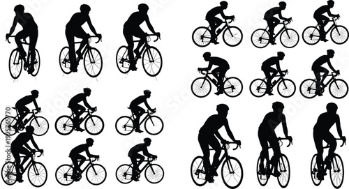 Professional collection of cyclist silhouettes featuring road bike racers, mountain bikers, triathletes in competition, and active outdoor fitness bicycle riding.
