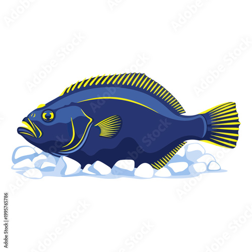 Flatfish on Ice, Deep Blue and Yellow Seafood Illustration