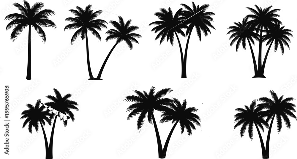 Fototapeta premium Set of black tropical palm tree silhouettes for summer beach designs, isolated on a white background vector graphic art illustration.