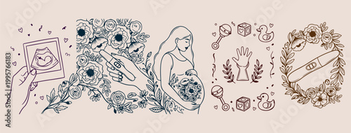 Pregnant woman motherhood line art, Hand drawn maternal beauty illustration, Minimalist pregnancy silhouette vector, Aesthetic floral baby bump sketch, Motherhood and nature doodle set, Creative pregn