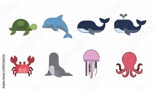 Minimal cartoon marine animals vector set with simple turtle dolphin whale seal jellyfish crab octopus isolated on white