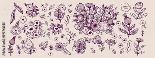 Lush wildflower bouquet line art illustration, Detailed botanical flower arrangement vector, Elegant hand drawn garden bouquet sketch, Vintage style blooming flowers drawing, Aesthetic floral bunch do