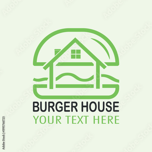 Minimalist burger house lineart logo,  Fast food, minimalist, burger combination with house in solid background, flat design, vintage, retro, cartoon, Logotype, cafe restaurant,