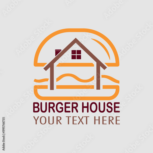 Minimalist burger house lineart logo,  Fast food, minimalist, burger combination with house in solid background, flat design, vintage, retro, cartoon, Logotype, cafe restaurant,