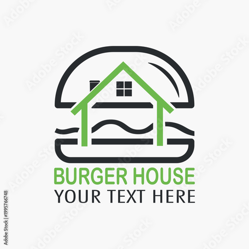 Minimalist burger house lineart logo,  Fast food, minimalist, burger combination with house in solid background, flat design, vintage, retro, cartoon, Logotype, cafe restaurant,