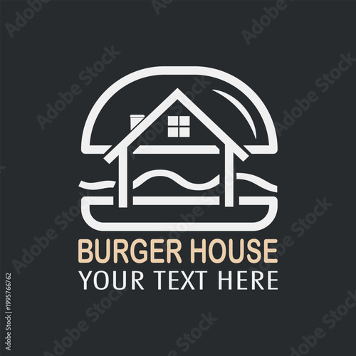 Minimalist burger house lineart logo,  Fast food, minimalist, burger combination with house in solid background, flat design, vintage, retro, cartoon, Logotype, cafe restaurant,