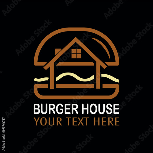 Minimalist burger house lineart logo,  Fast food, minimalist, burger combination with house in solid background, flat design, vintage, retro, cartoon, Logotype, cafe restaurant,