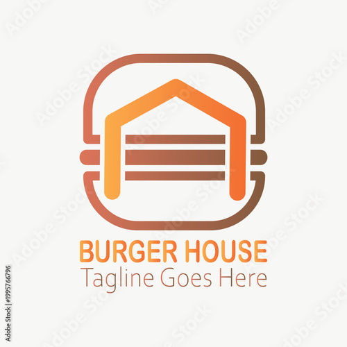 Minimalist burger house lineart logo,  Fast food, minimalist, burger combination with house in solid background, flat design, vintage, retro, cartoon, Logotype, cafe restaurant,