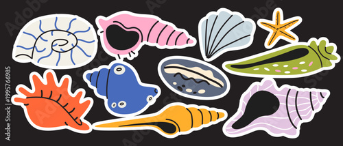 Vibrant various sea shells and marine life stickers on a dark background. Bright summer hand drawn coastal collection. Vector illustration