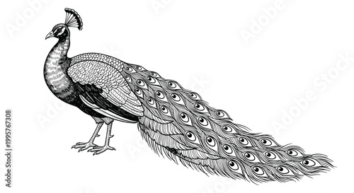 Peacock standing with feathers spread.