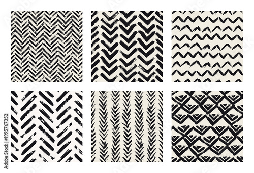 Vector seamless pattern set. Abstract background with brush strokes. Monochrome, hand-drawn print. Artistic tileable strokes. Collection of creative swatches. Modern surface design.