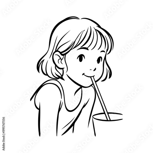 Logotipo con dibujo minimalista con líneas de una chica joven bebiendo de un vaso de papel con una pajita