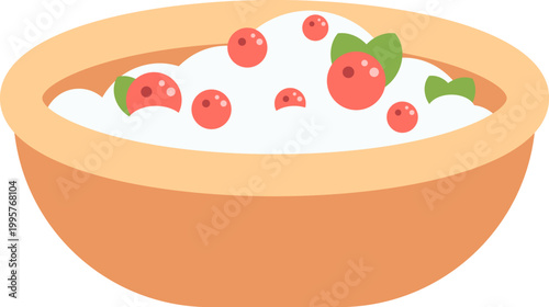 Ceramic bowl with porridge, oatmeal, breakfast cereal, cottage cheese, red berries and green leaves. Riskrem - traditional Norwegian dessert. Vector isolated flat illustration.