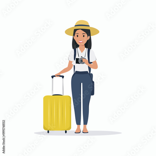 Woman with Suitcase and Camera Ready for Travel
