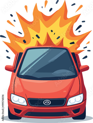 Car crash with fire accident scene – vector illustration