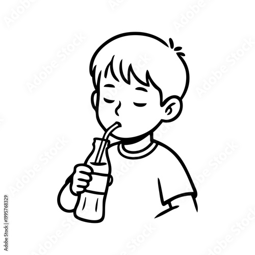 Logotipo con dibujo minimalista con líneas de un chico joven bebiendo de una botella de refresco con pajita 